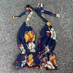 SHEIN Halter Neck Blue Floral Print Crop Top Size S